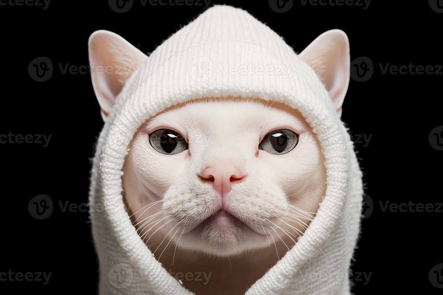 A white cat with striking green eyes wears a snug white hoodie, its ears peeking out. The background is solid black, emphasizing the cat's unique expression. photo