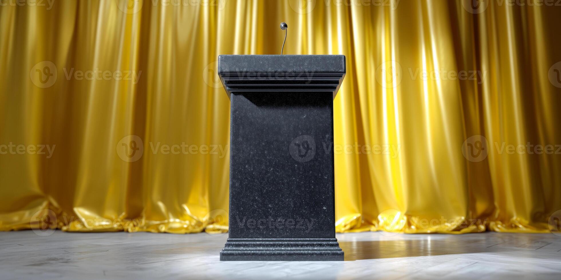 A sleek black podium stands centered on a stage, with a microphone atop. Behind it, rich golden curtains drape elegantly, creating a striking contrast. photo