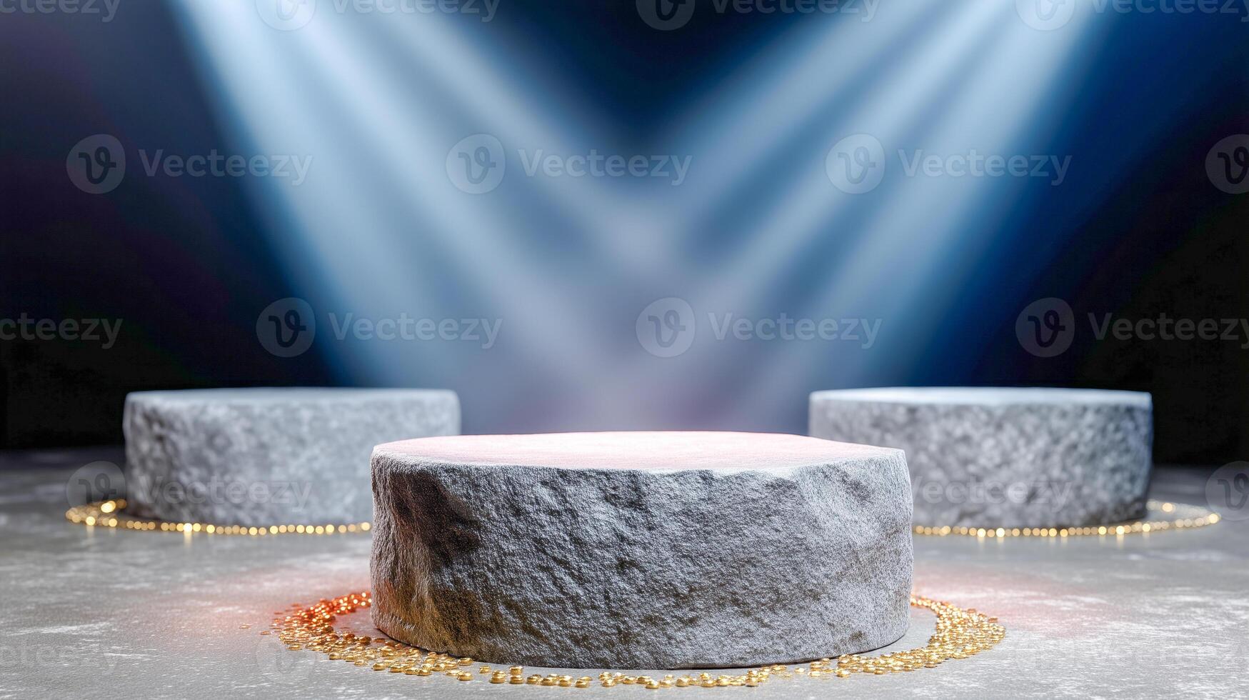 Three circular stone platforms are illuminated by beams of light from above, surrounded by a ring of golden coins on a dark, smooth surface. photo