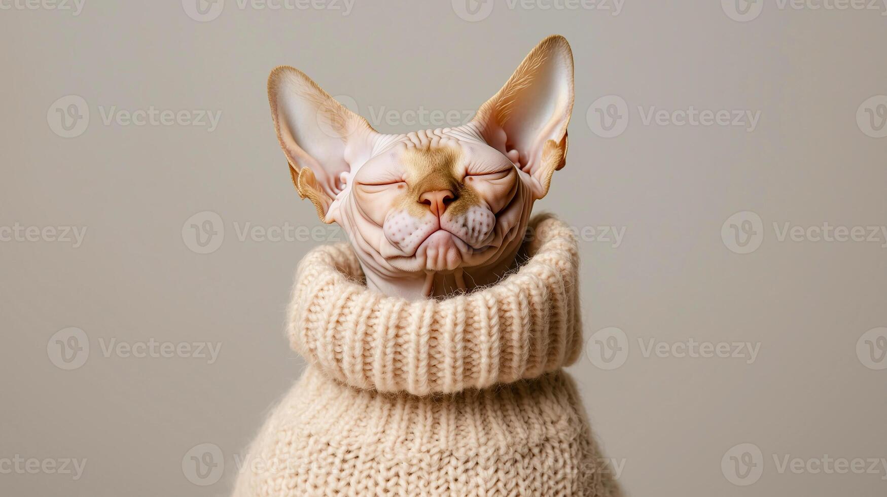 A Sphynx cat with closed eyes and a relaxed expression is nestled in a chunky beige knitted sweater, showcasing its unique wrinkled skin and large ears. photo
