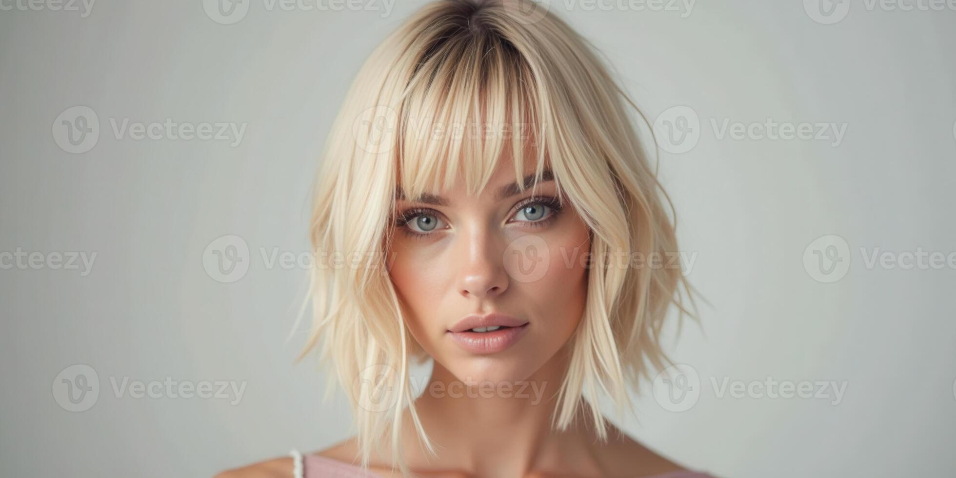A beautiful blonde woman with a short bob haircut photo