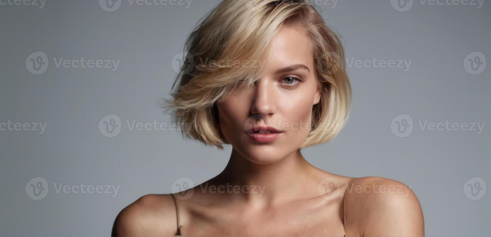 A beautiful blonde woman with a short bob photo
