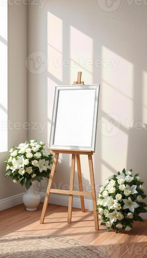3d mock up of easel with flowers and vases in a room photo