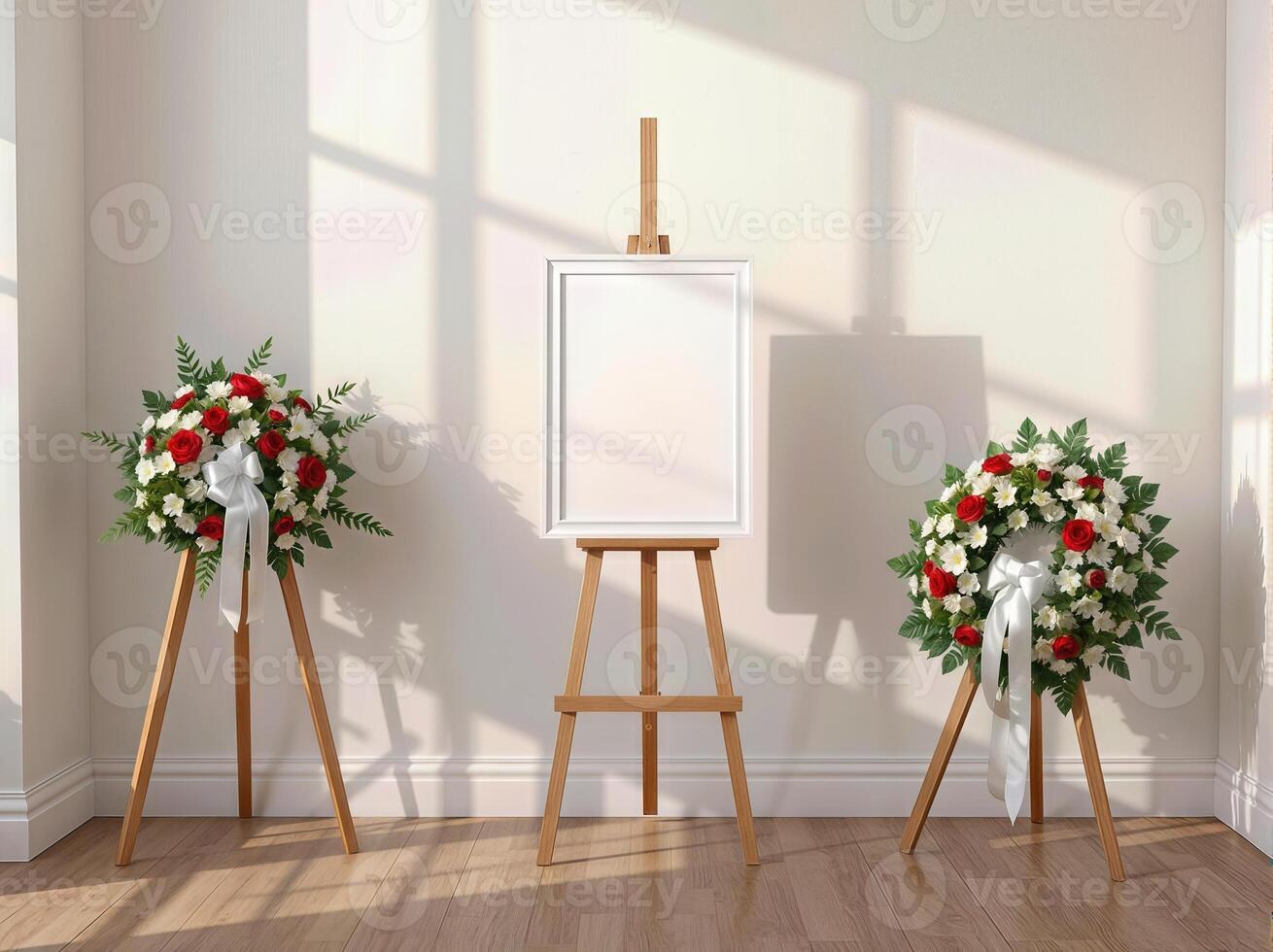 Three easels with flowers and a frame photo