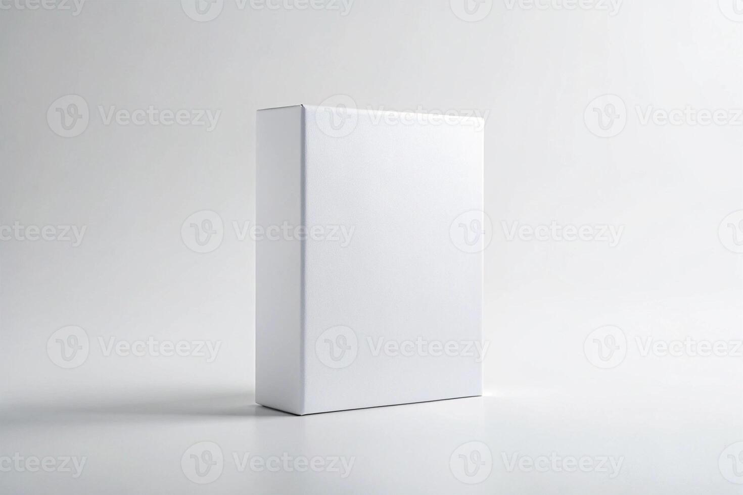 Blank white software box standing upright on a white surface with a light gray background - Minimalist Packaging Concept photo