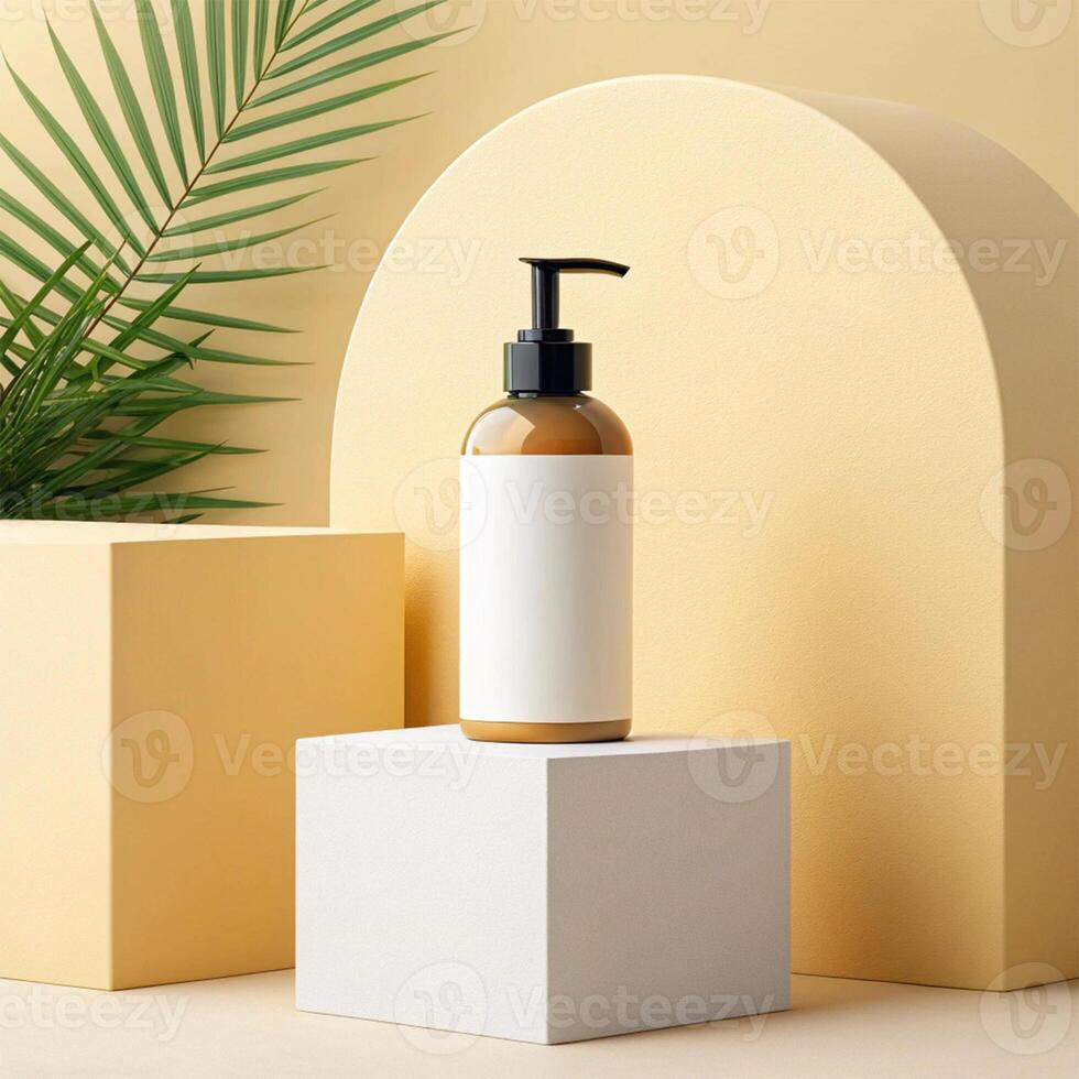 Amber glass bottle with a black pump dispenser, placed on a white cube with a blank white label, against a yellow arch and cube backdrop with a green palm leaf - Minimalist Product Concept photo