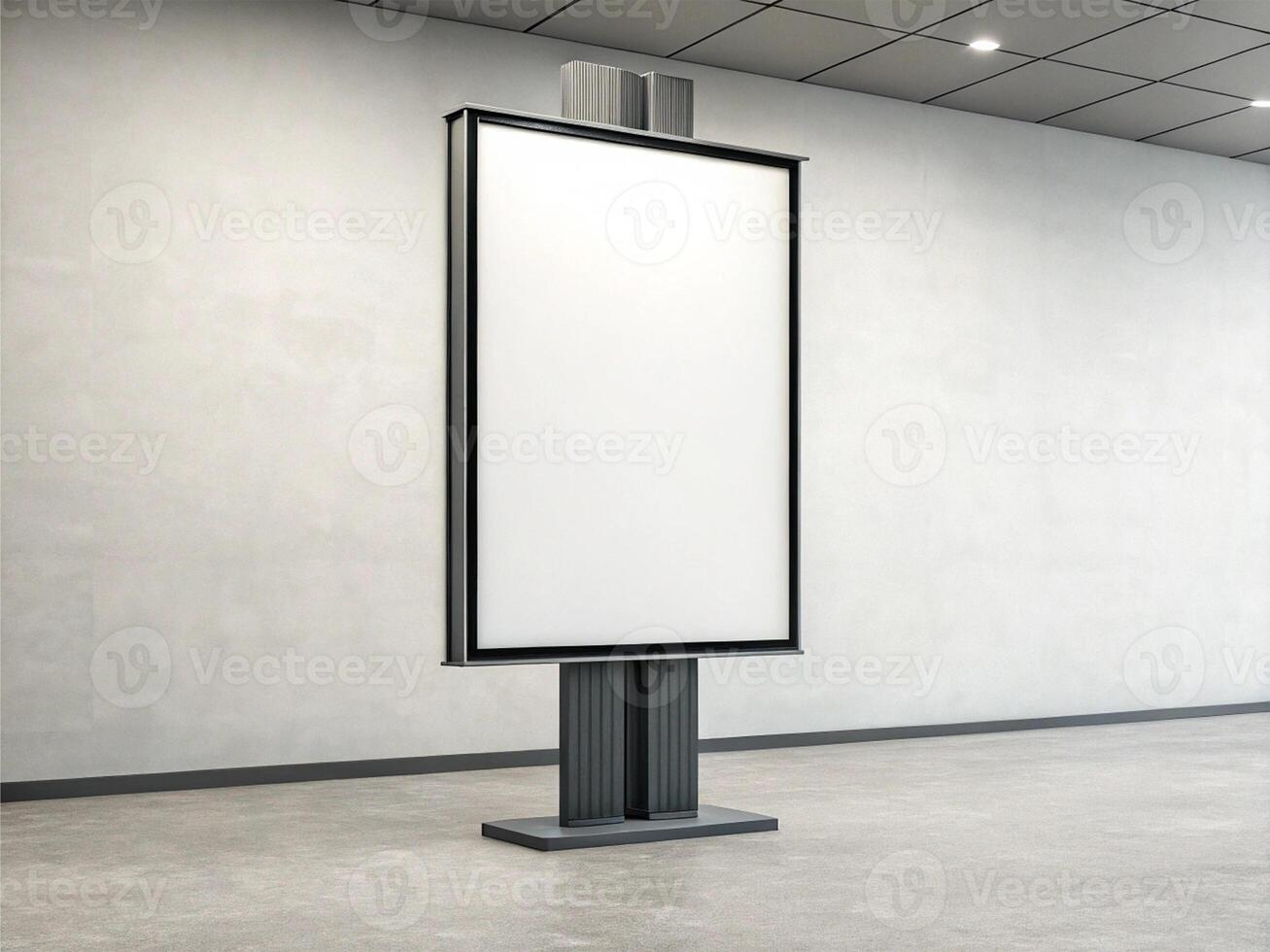 A blank vertical digital screen mockup mounted on a sturdy stand, positioned in a modern interior with recessed ceiling lighting and light gray walls - Minimalist Display Concept photo