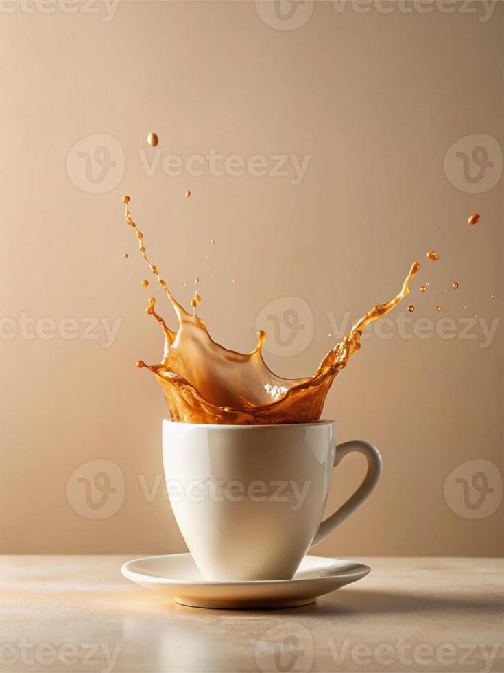 White ceramic cup and saucer with coffee splashing mid-air, creating dynamic shapes against a neutral beige backgroun - Beverage Concept photo