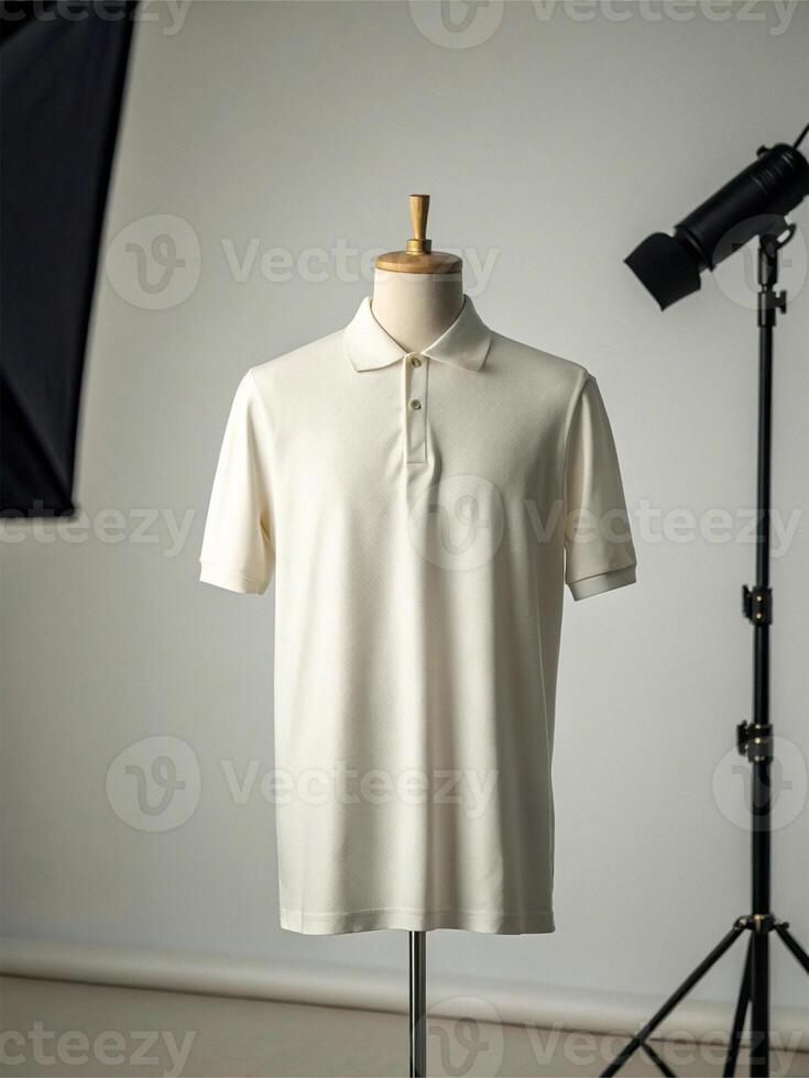 White polo shirt displayed on a mannequin in a professional studio setup, with soft lighting and photography equipment in the backgroun - Apparel Mockup Concept photo