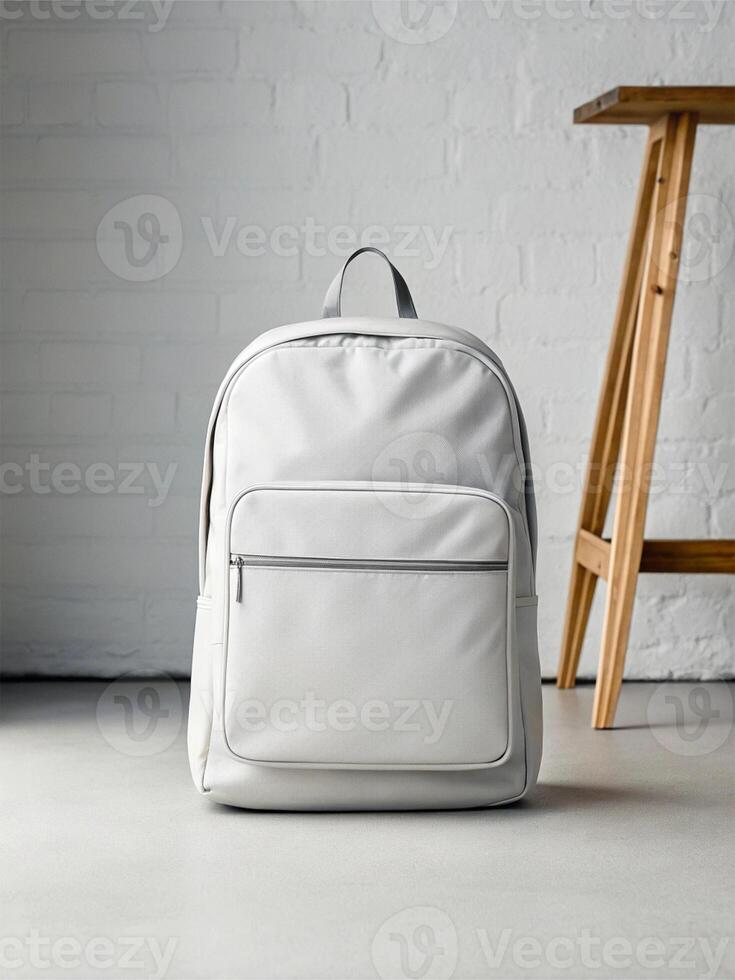 Light gray backpack with a front zippered pocket placed against a white brick wall, accompanied by a wooden stool with a triangular support structur - Minimalist Travel Concept photo