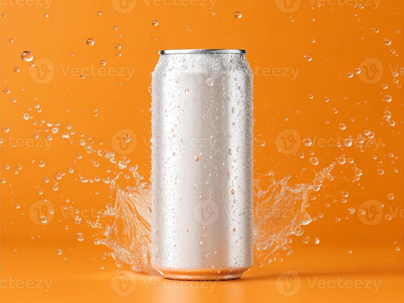 Chilled silver aluminum can with condensation droplets and splashing water, set against a vibrant orange background - Refreshing Beverage Concept This dynamic contrast photo