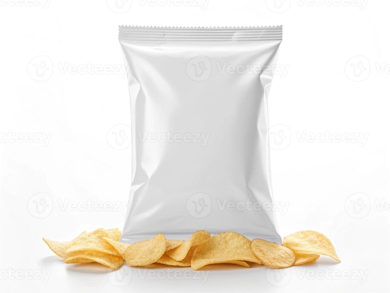 White, blank packaging bag sealed at the top with a zigzag edge, surrounded by scattered potato chip - Snack Packaging Concept photo