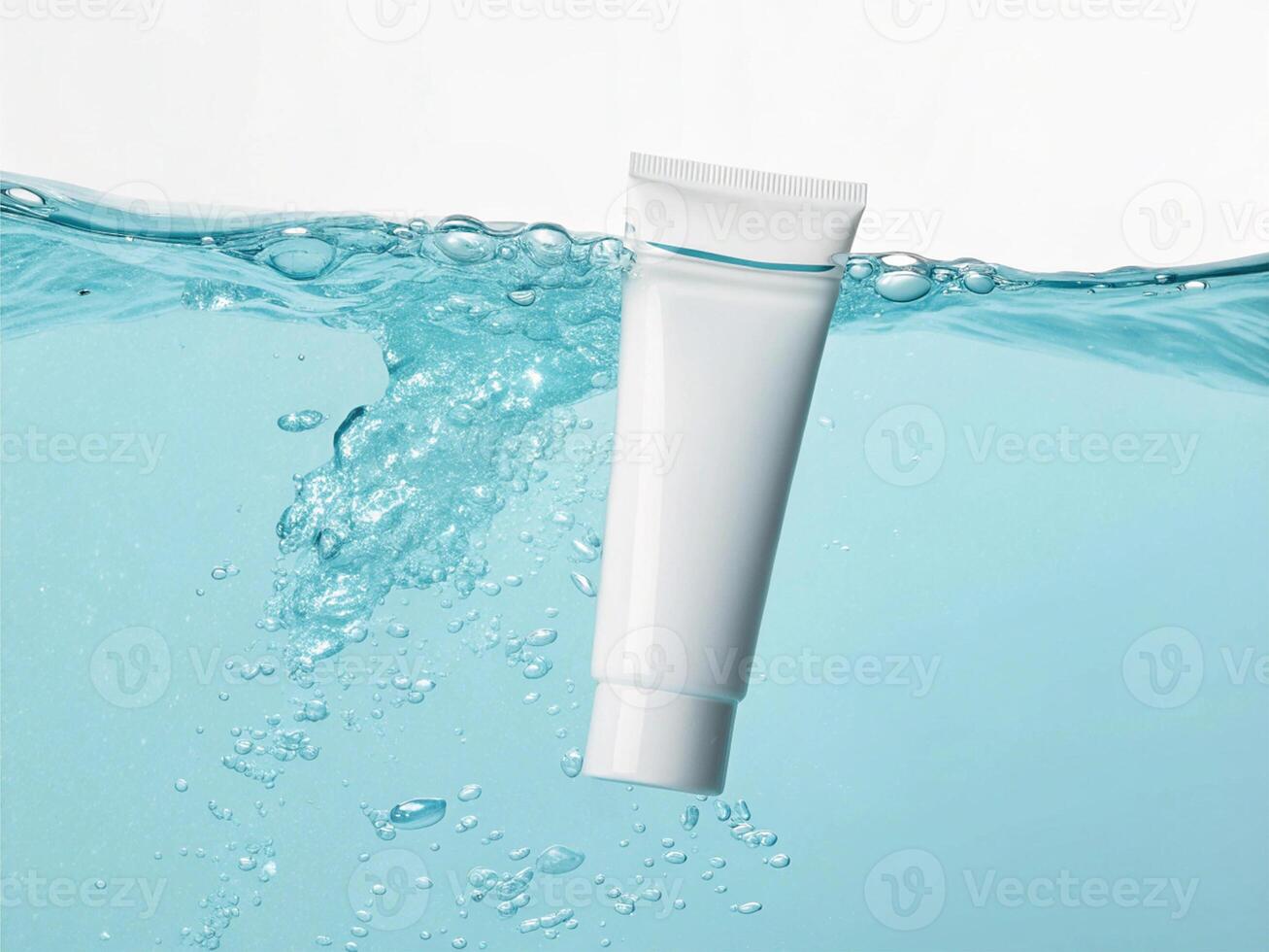A blank white cosmetic tube mockup partially submerged in clear turquoise water, with dynamic bubbles and splashes around it, against a clean gradient backgroun - Refreshing Skincare Concept photo