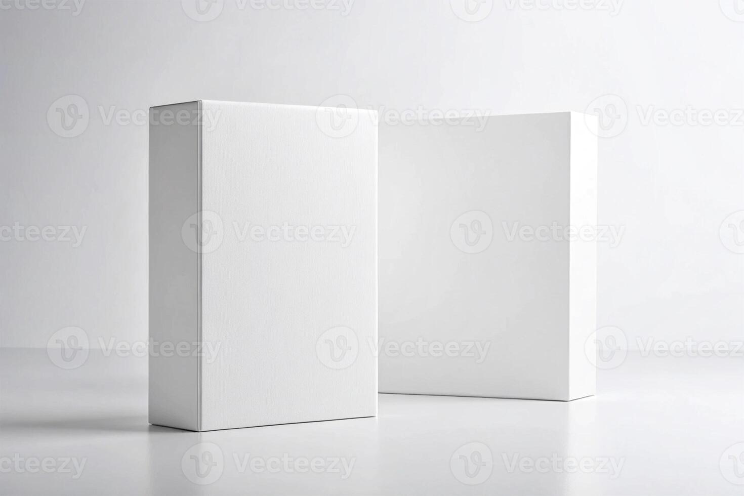 Two blank white software boxes standing upright on a white surface against a white background - Minimalist Packaging Concept photo