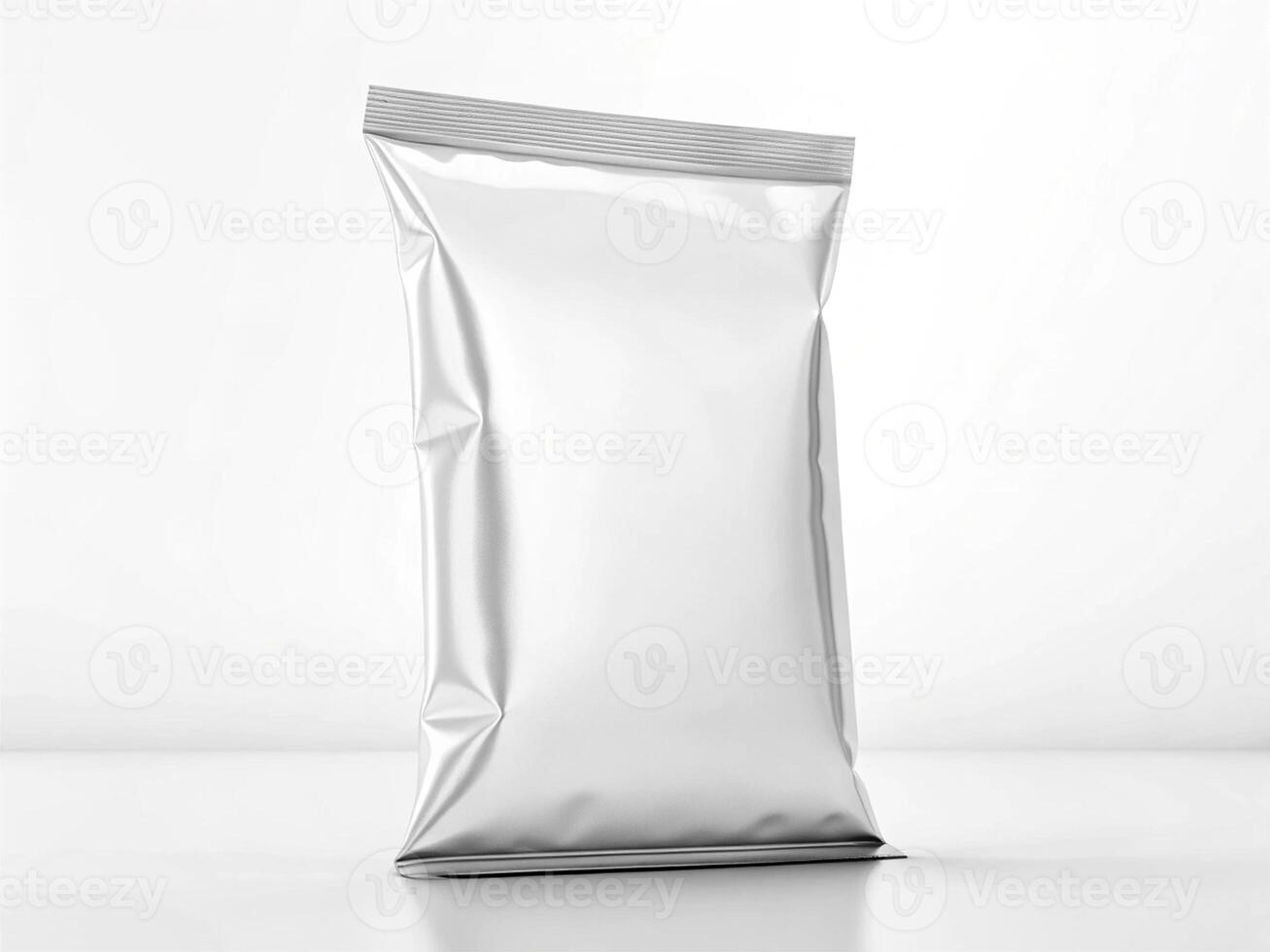 Silver foil packaging bag with a ribbed seal standing upright on a flat surfac - Minimalist Food Packaging Concept photo