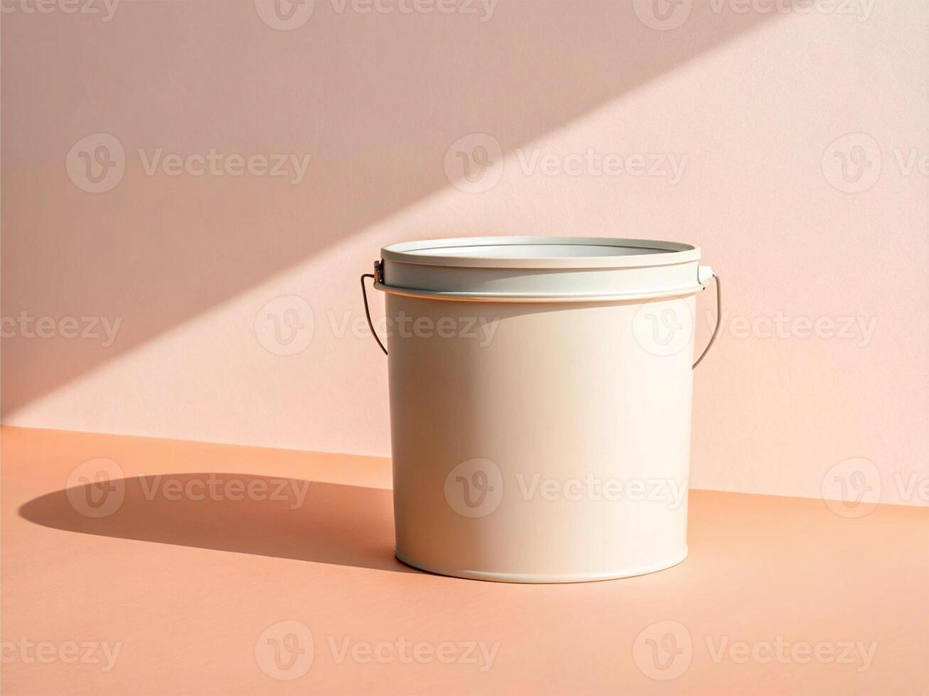 Beige cylindrical bucket with a matching lid and handle, placed on a peach-colored surface with soft shadow - Blank Storage Mockup photo