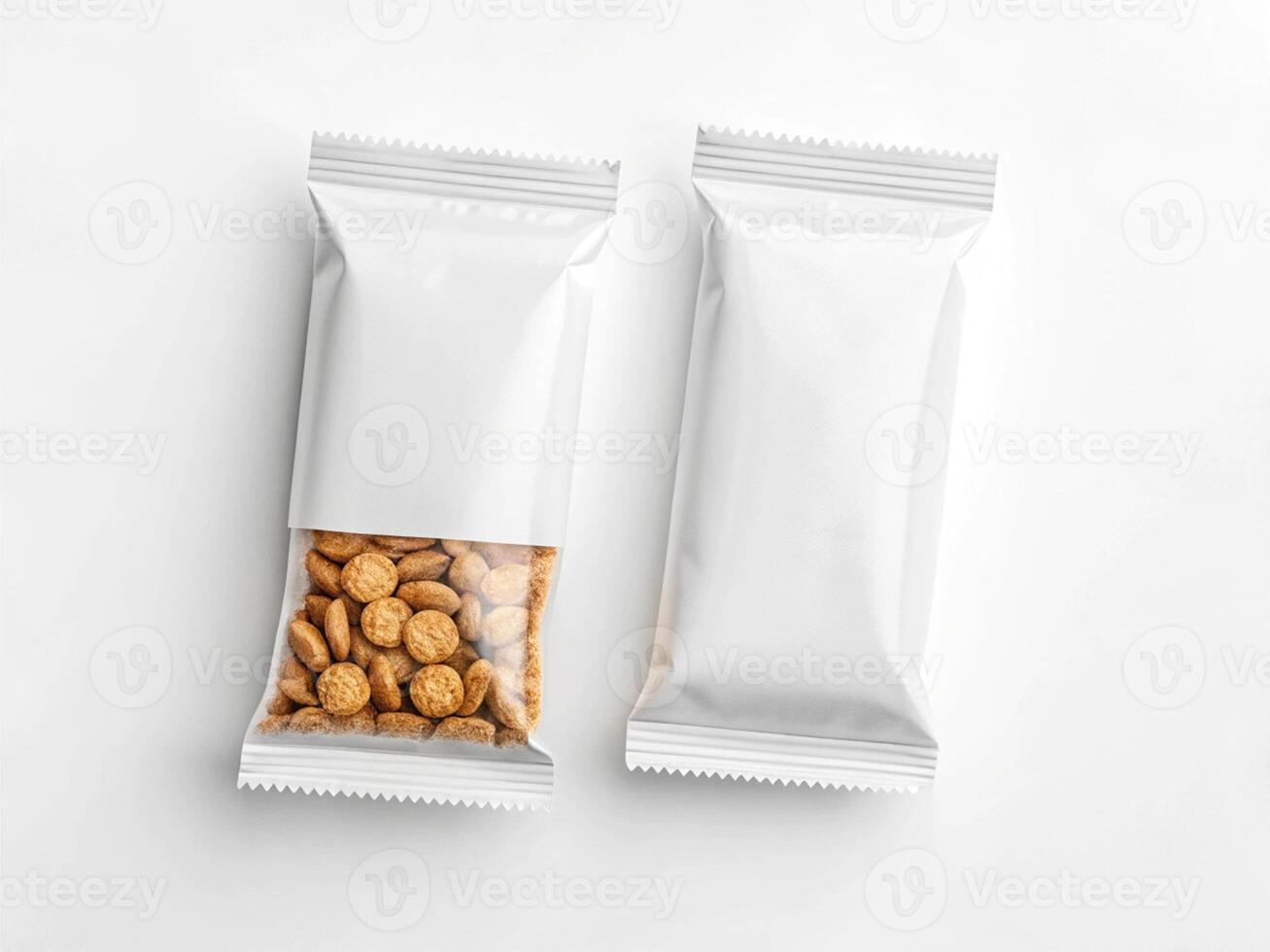 Partially transparent package showing round, brown cereal pieces next to an opaque white packag - Snack Packaging Concept photo