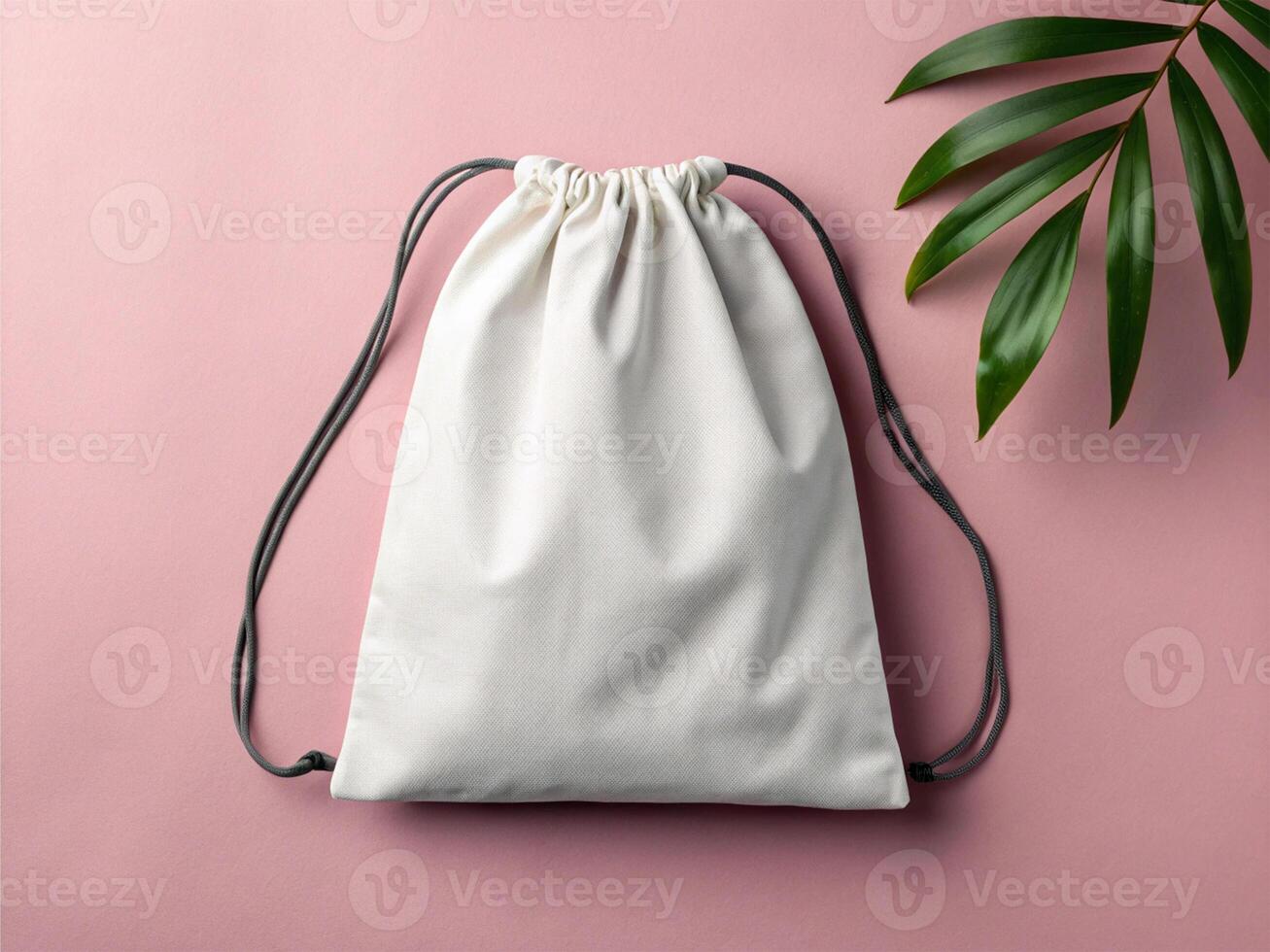 A blank white drawstring bag mockup with black cords, placed on a soft pink surface next to a green lea - Minimalist Packaging Concept photo