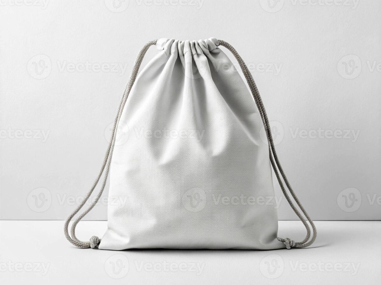A light gray drawstring bag mockup with fabric material and simple knotted cords, placed against a plain light-colored backgroun - Minimalist Packaging Concept photo