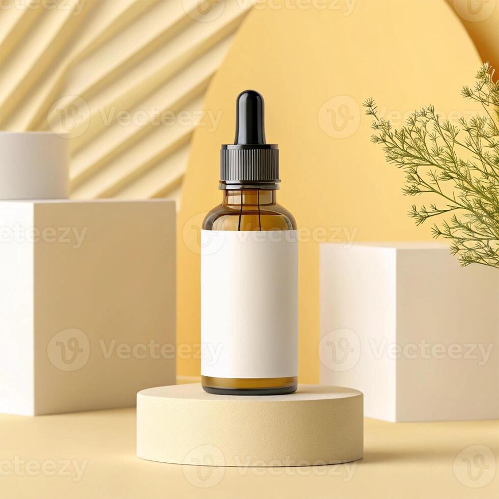 Brown glass dropper bottle with black dropper cap and blank white label, placed on a round beige pedestal against a yellow textured backdrop with geometric white blocks - Minimalist Product Concept photo