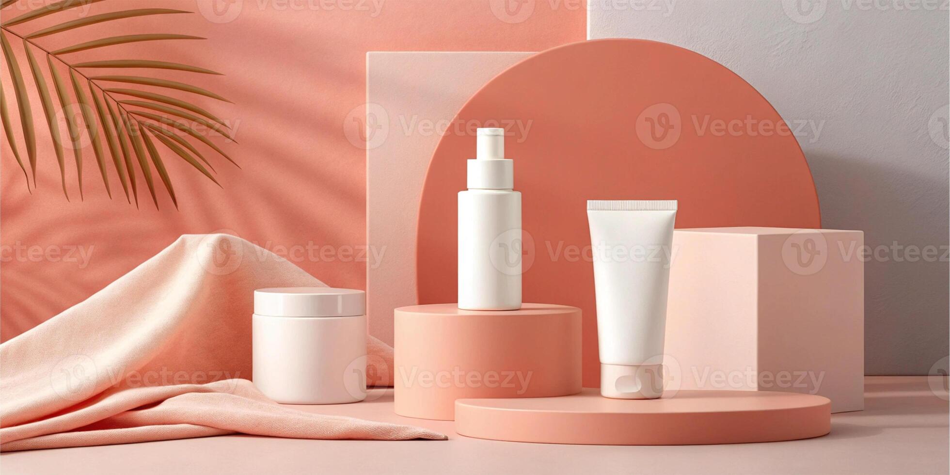 Peachy tones, geometric podiums, and a dried palm leaf create a tranquil, earthy vibe photo