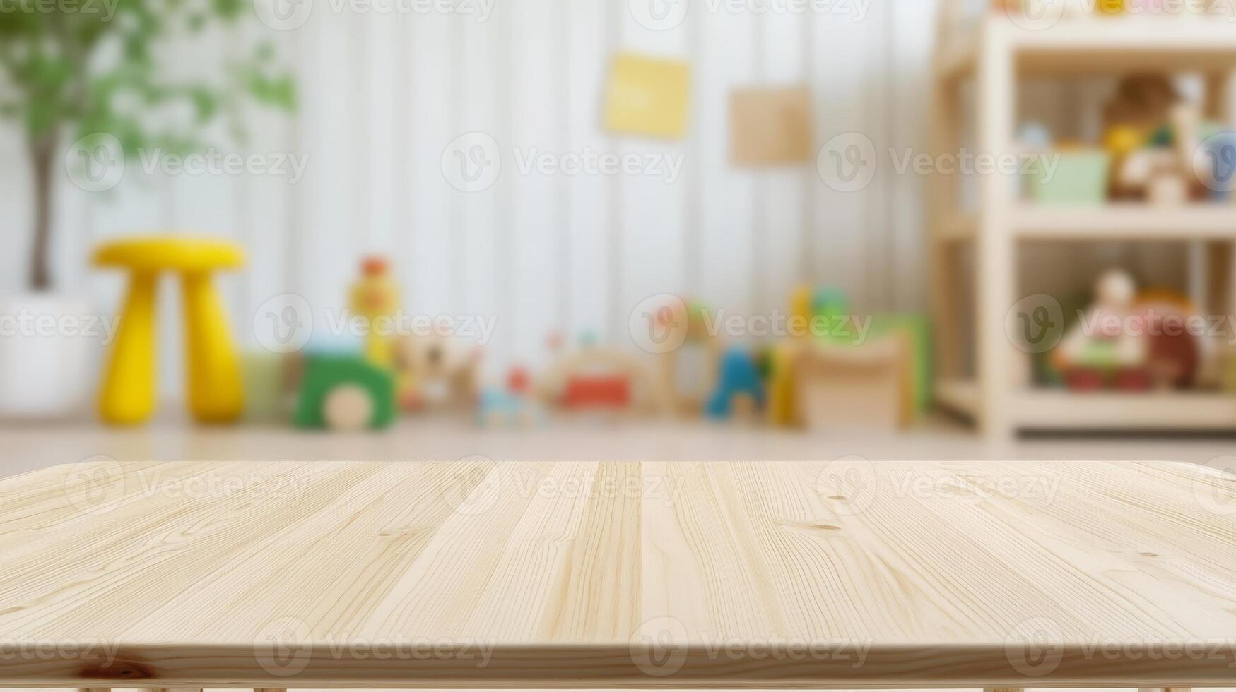 A wooden table is set against a fuzzy background of a kids' room with lots of toys. Display of a product photo