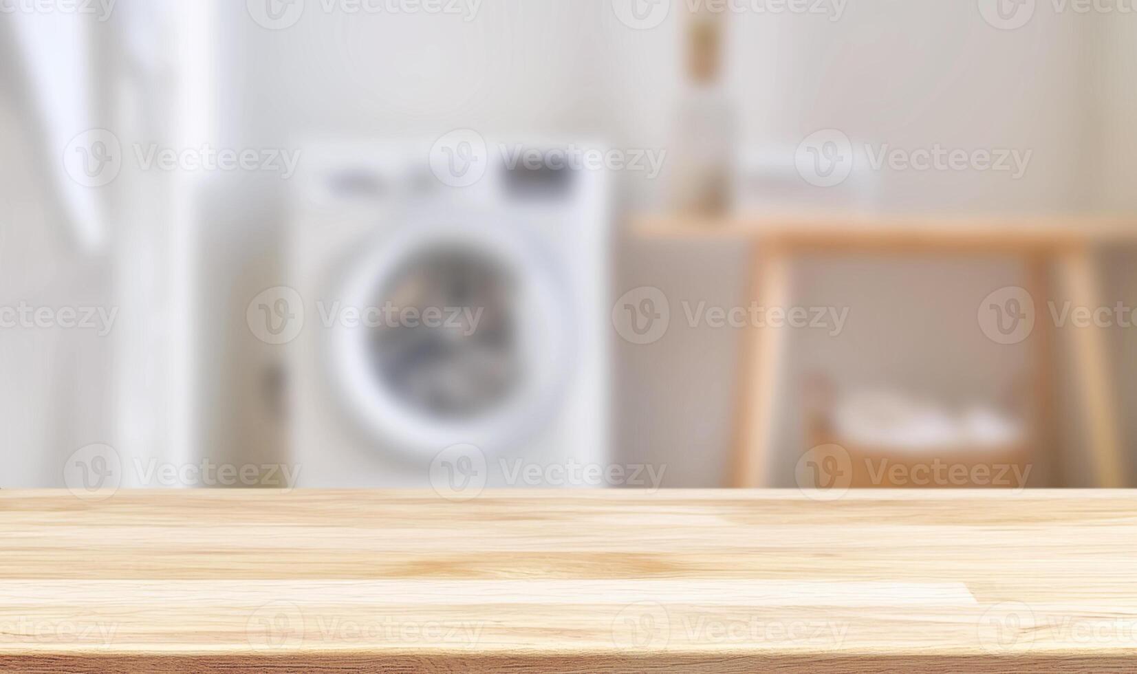 A close-up of a wooden table with a blurred background featuring a laundry room and washing machine, representing cleanliness and domestic life photo
