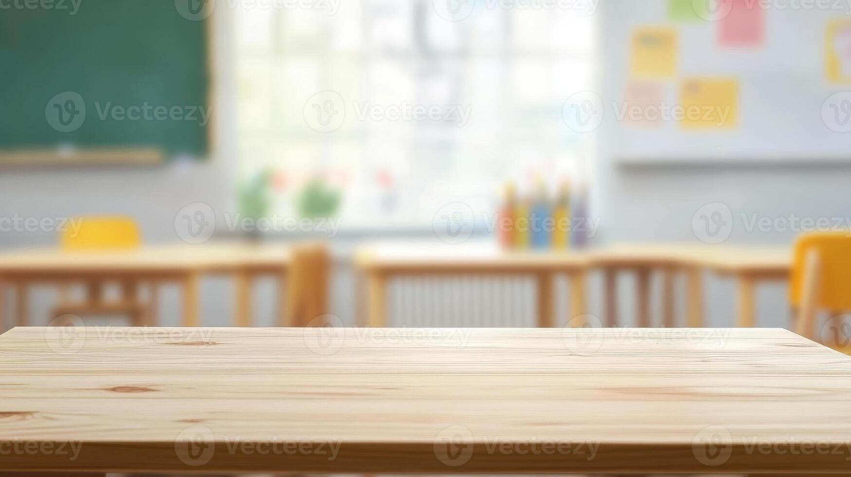 A blank wooden tabletop with a hazy background of a schoolchild's room photo