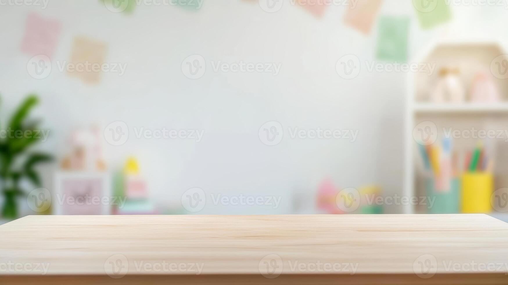 A vacant desk for showcasing products against the backdrop of a defocused children's room photo