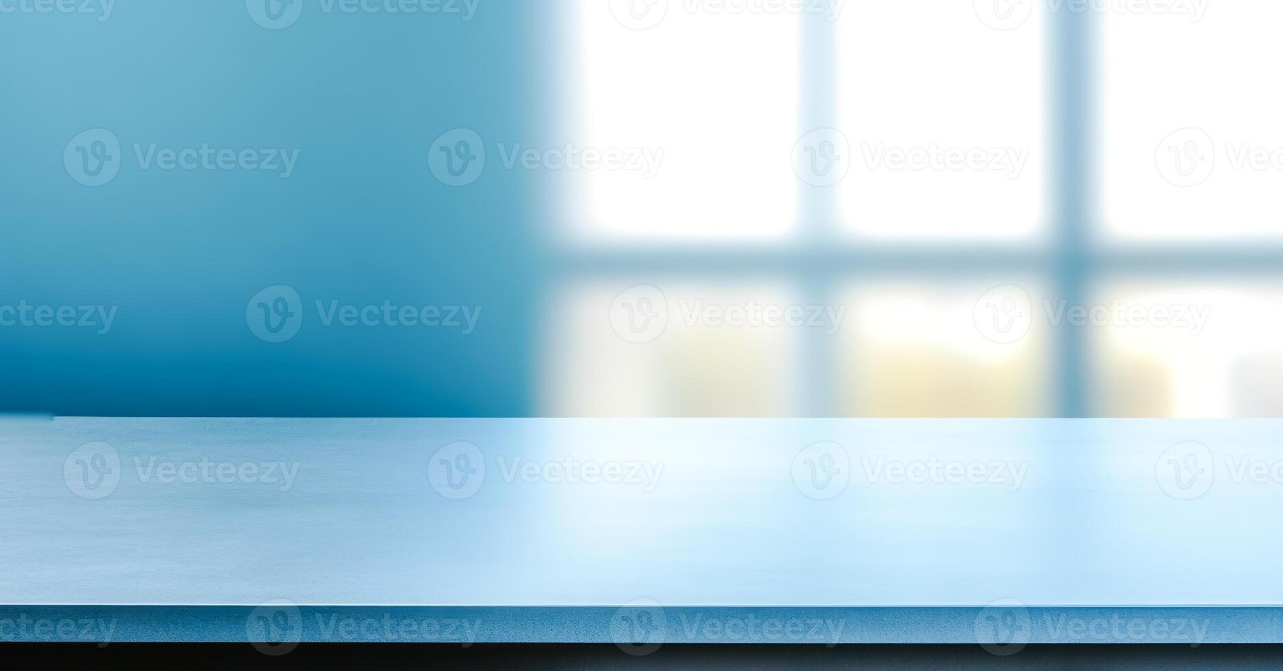An abstract banner mockup with a blank countertop and a blurred light blue glass window wall can be used to showcase or montage your products. photo