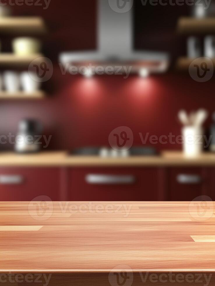 The surface of a vacant light-dark brown, somewhat red table in a kitchen at night, creating a warm and welcoming ambiance photo