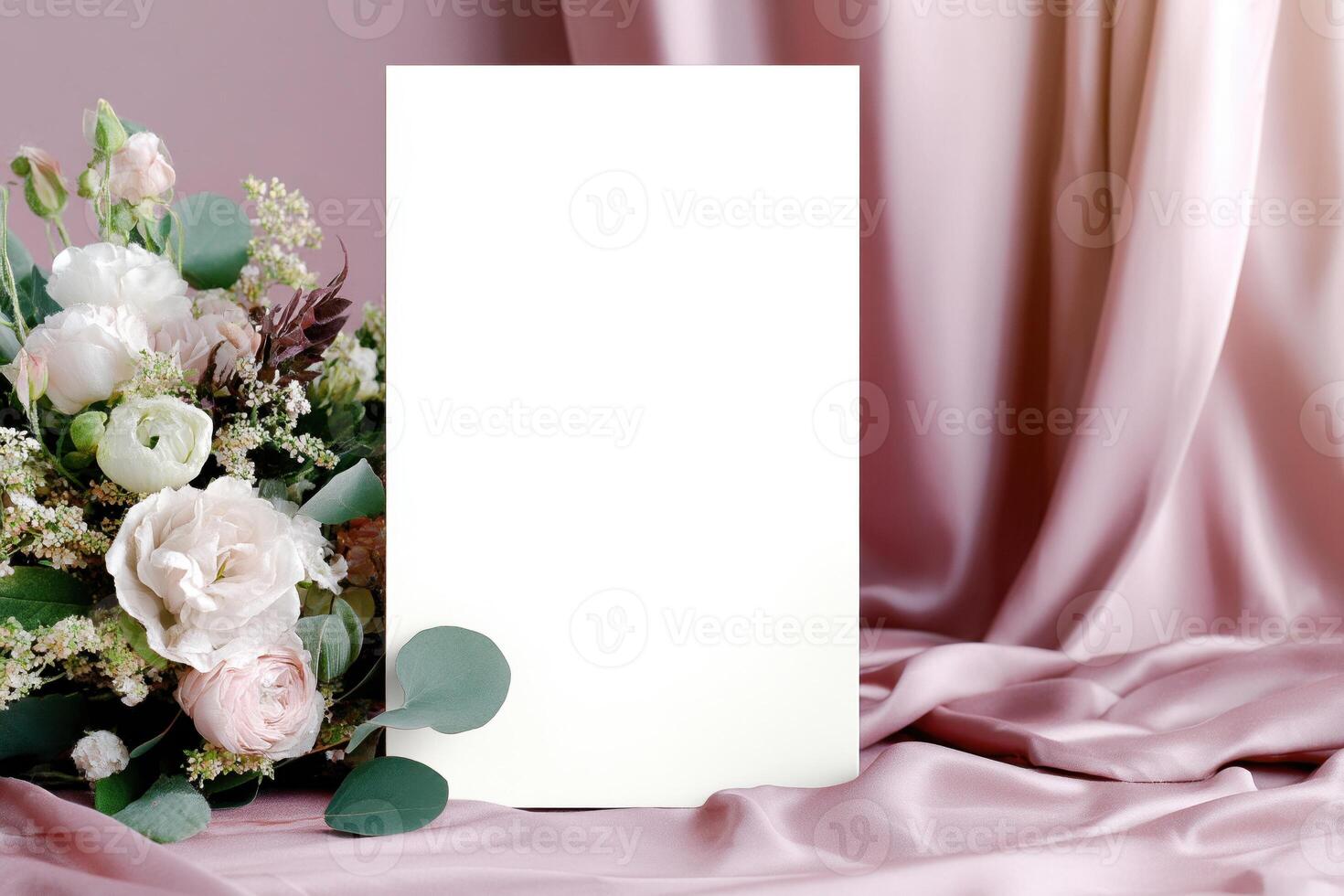 Floral arrangement with a blank white card, set against luxurious draped fabric and soft lighting photo