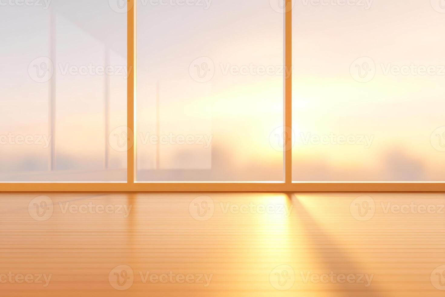 Sunlight streams through a large window, illuminating a clean, minimalist room with hardwood floors photo