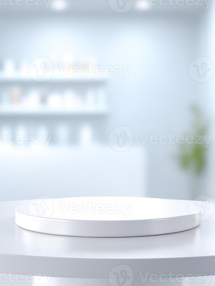 Minimalist display stand on clean white surface in bright, modern setting for product presentation photo