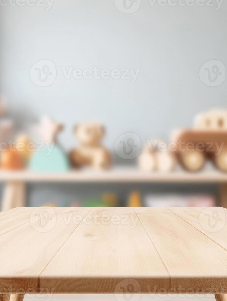 Wood Table Top in Nursery Setting, A clean, bright space with neutral tones and blurred toys photo