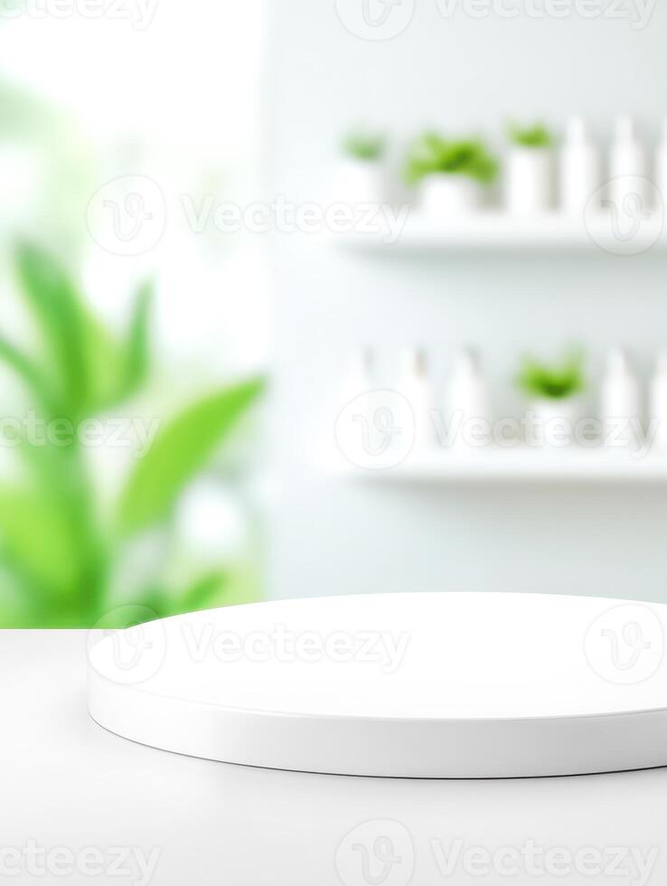 White product display platform against a bright window, minimalist interior with plants on shelves photo