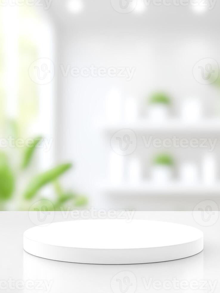 White circular platform in bright, blurred background, ideal for product display or presentation photo