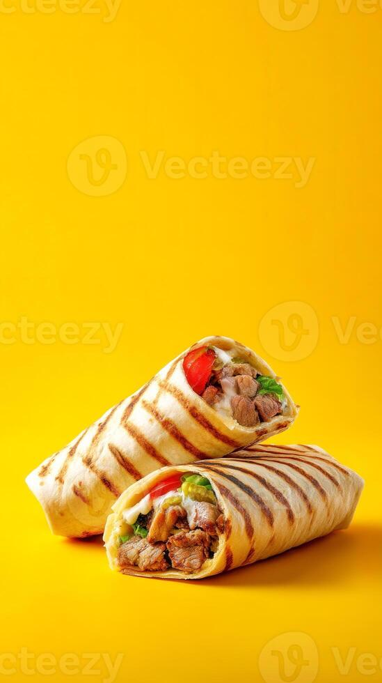 Two wraps with grilled stripes filled with meat and vegetables sit against a bright yellow background photo
