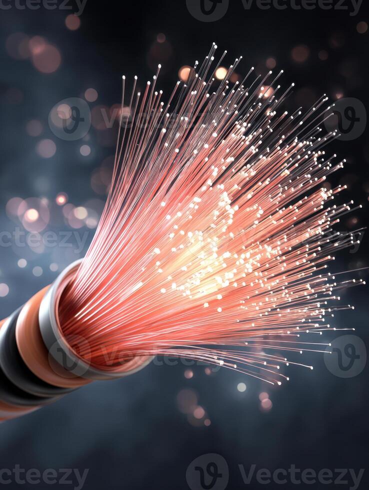 Fiber optic cable glowing, transmitting data, high speed network connection with bokeh lights photo