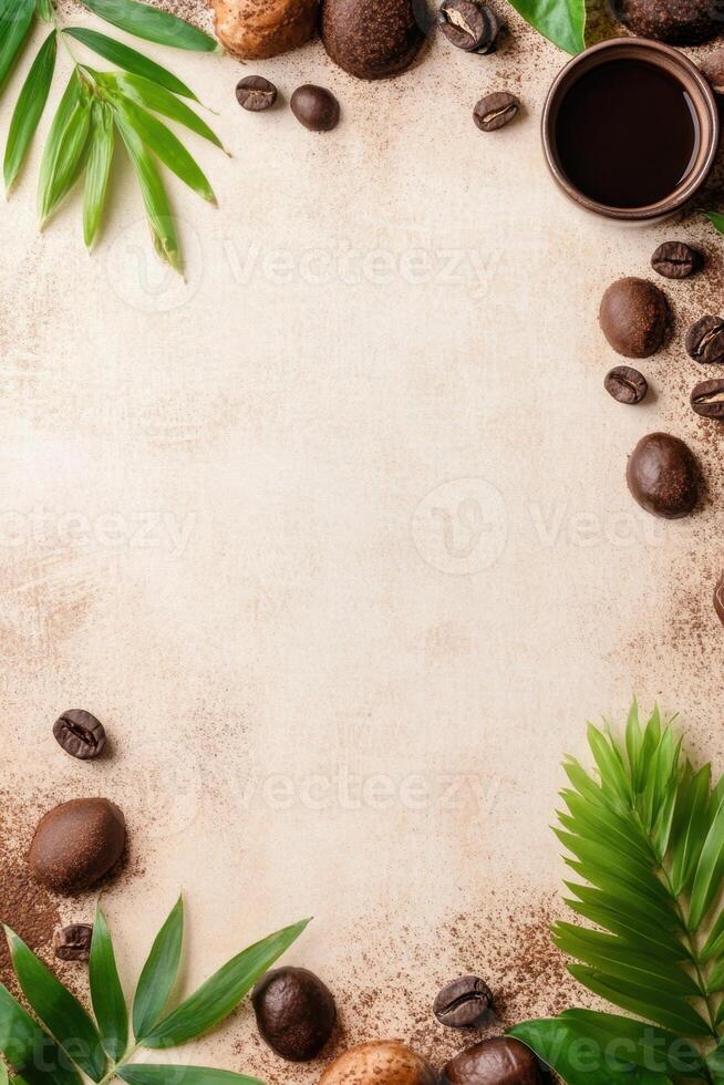 Coffee beans, candies, and leaves frame a neutral background, inviting creative text overlay photo