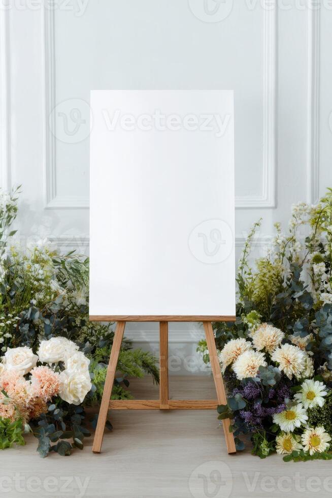 Wooden easel with a blank white canvas, surrounded by flowers in a bright studio space with a decorative white wall, awaiting its art. photo