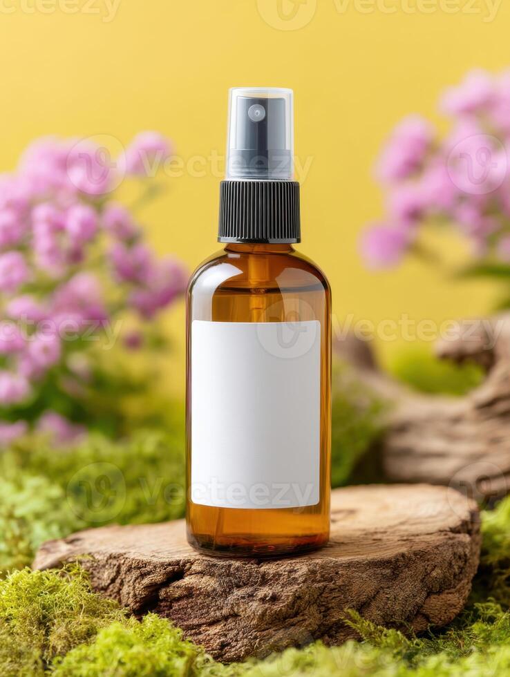 Amber spray bottle with blank label on mossy wood, blossoms, and a yellow backdrop. Product showcase photo