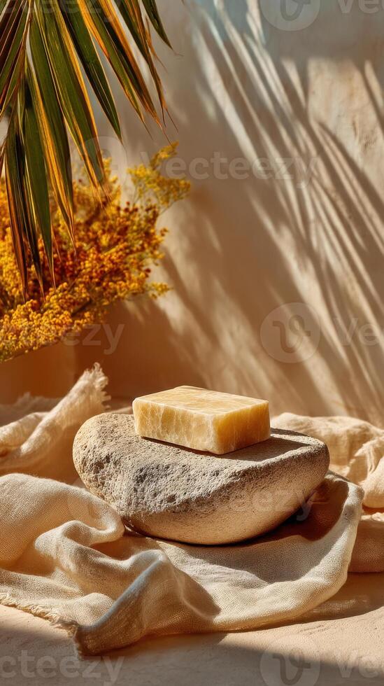 Natural soap bar displayed on stone with floral and botanical elements, warm lighting, and a beige color palette. Minimalist spa aesthetic. photo