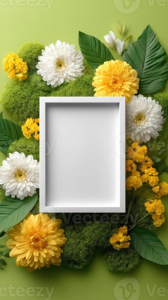 White frame surrounded by vibrant yellow and white flowers, lush green moss, and leaves on a light green background. Ideal for displaying art. photo