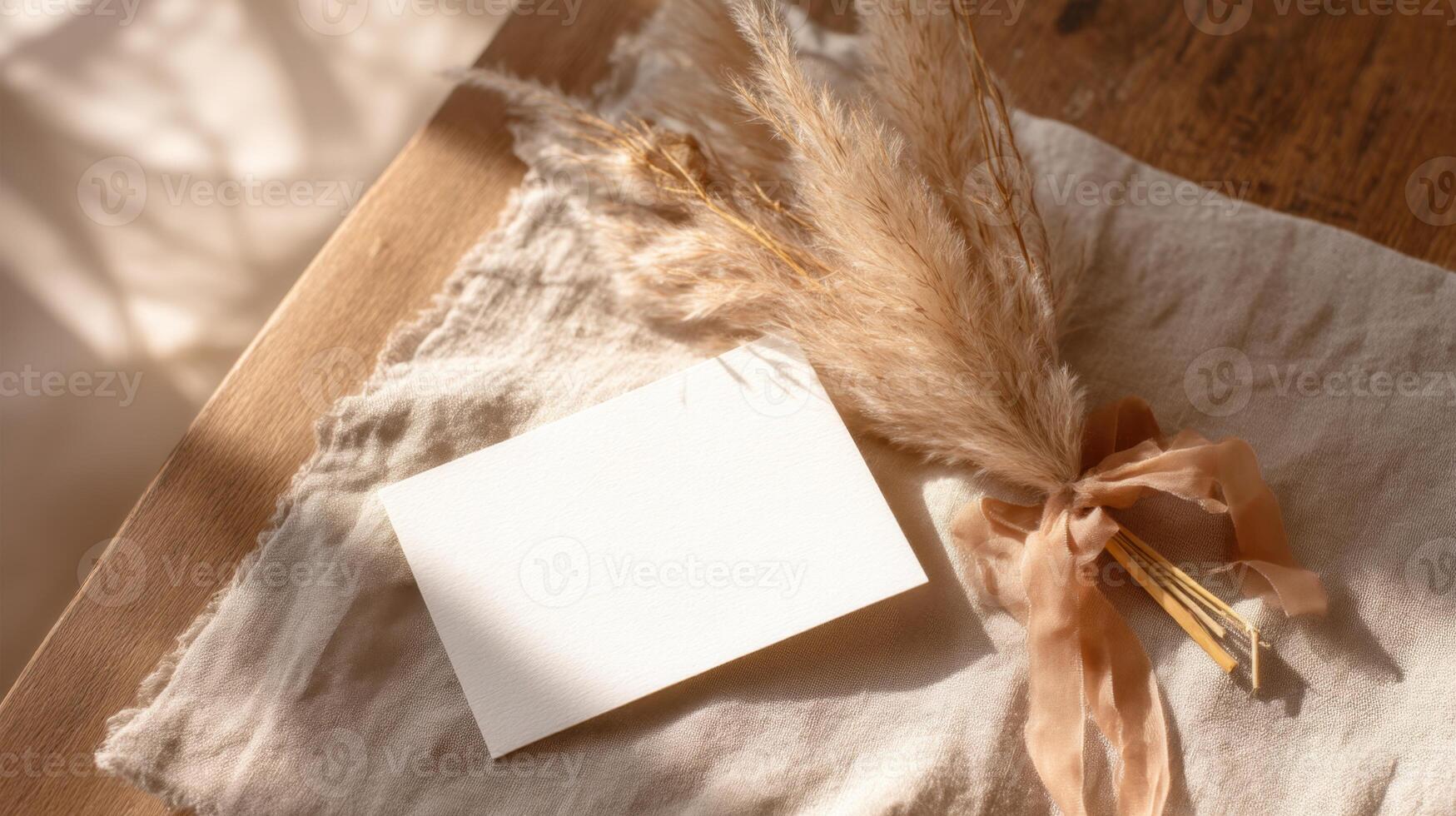 Elegant flat lay featuring a blank card, pampas grass, and soft ribbon on a linen cloth, all bathed in warm sunlight creating a natural scene. photo