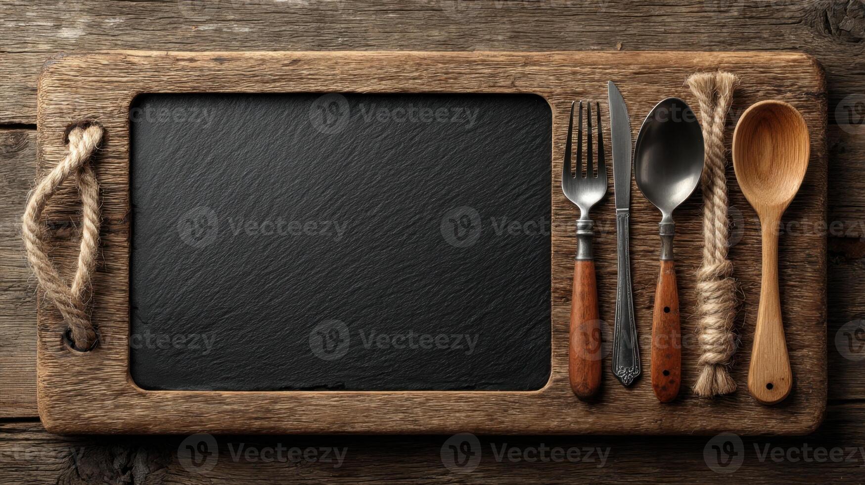 Rustic dining presentation with slate serving board, and various metal and wooden dining utensils on a textured wooden background. photo