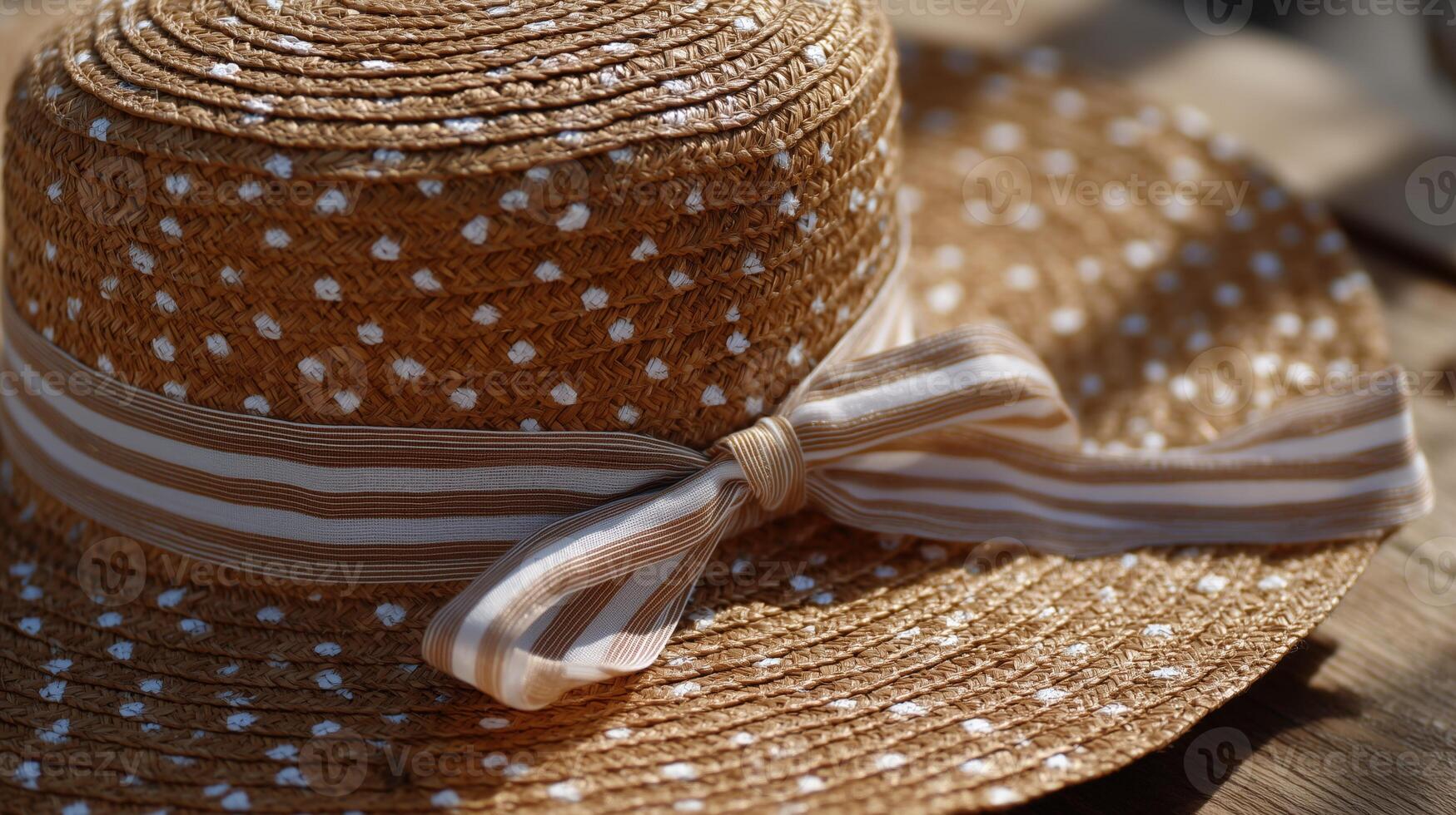 Polka dot straw hat with striped ribbon bow white spots pattern summer beach accessory handwoven natural texture rustic wooden background style photo