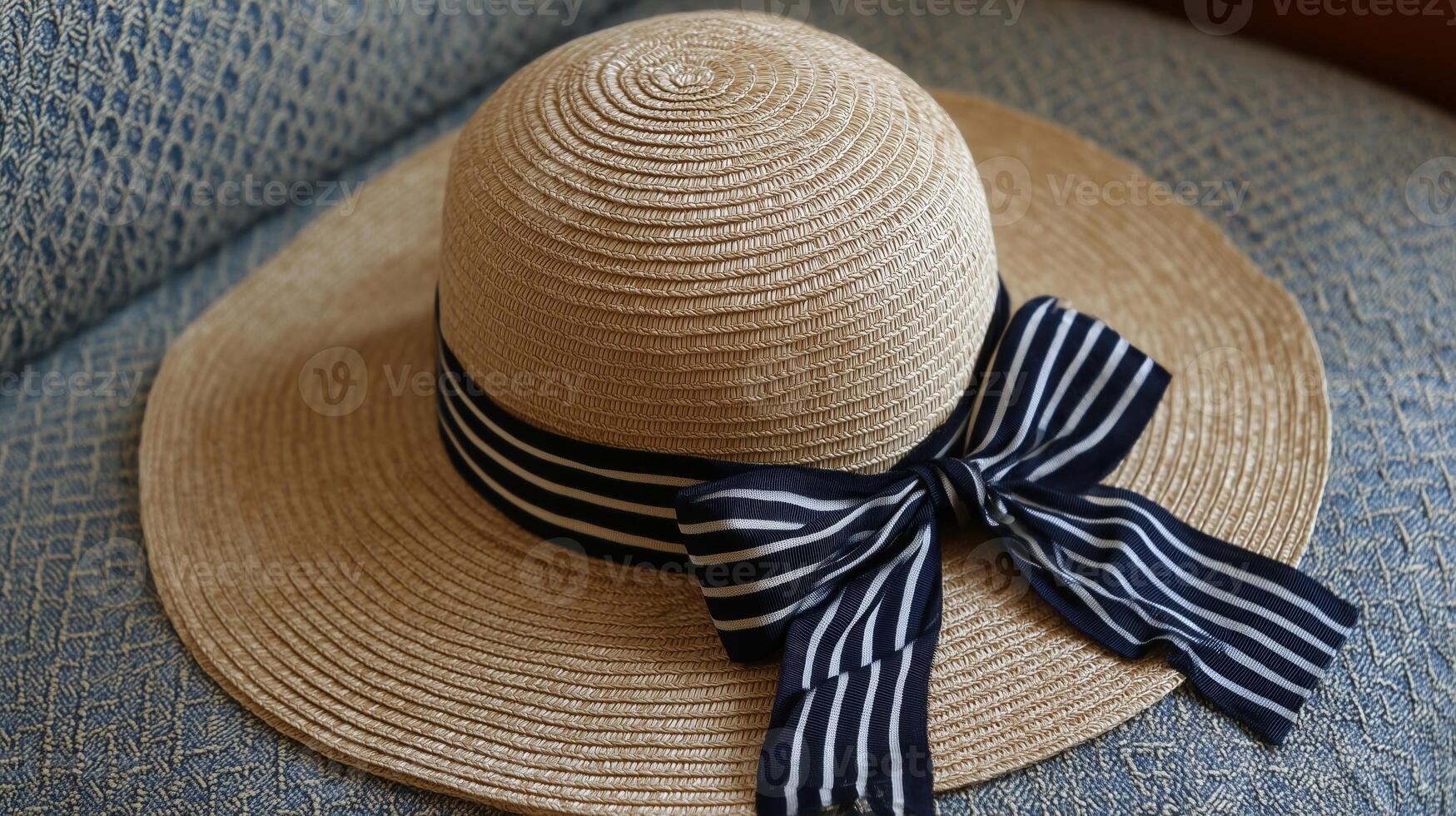 A wide-brimmed straw hat with a navy striped ribbon rests on a textured surface. The hat is perfect for summer outings and sun protection. photo