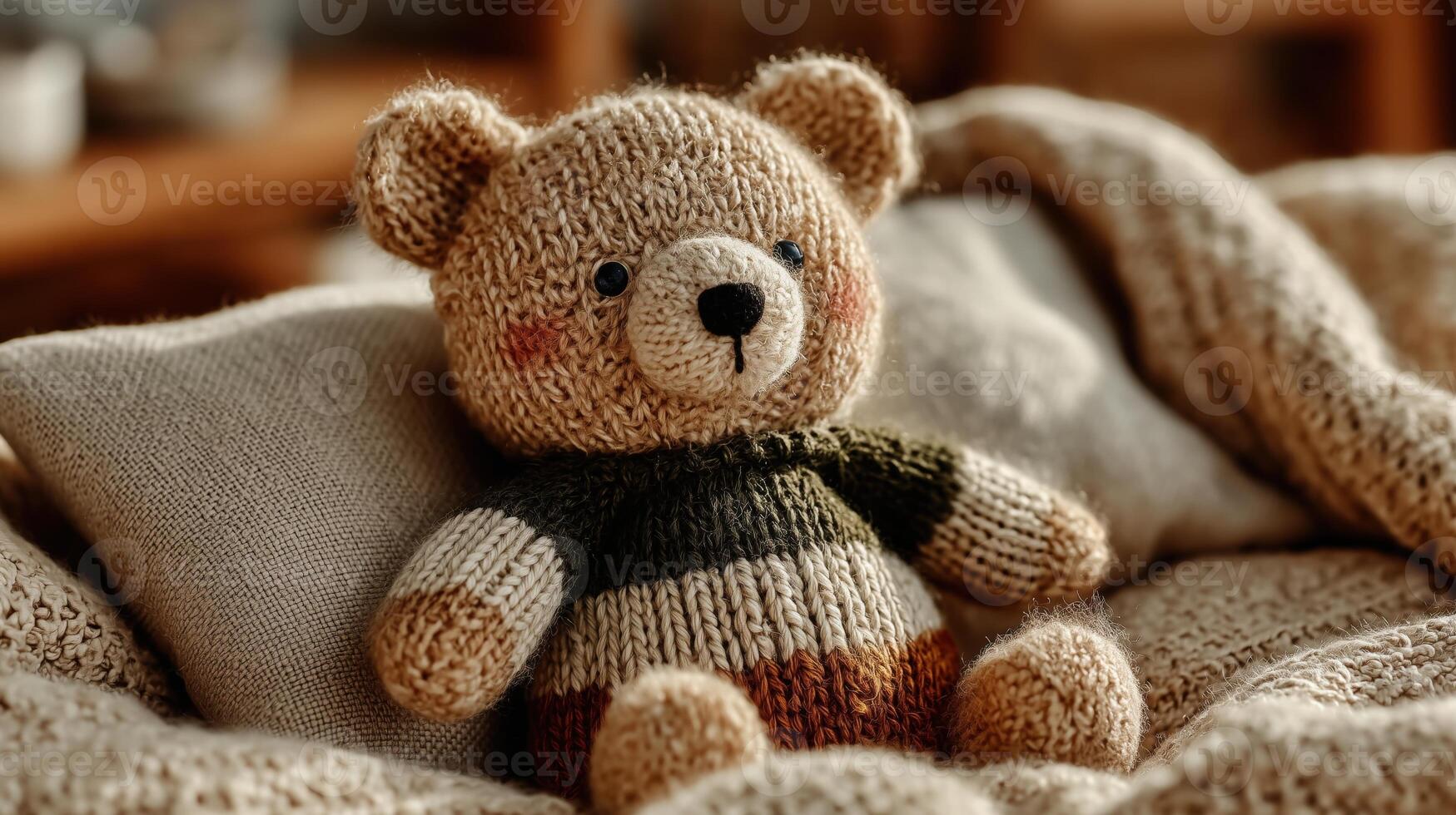 A knitted teddy bear sits on a cozy blanket. The bear has a brown and cream color scheme, with a green sweater. The background features soft textures and warm tones. photo