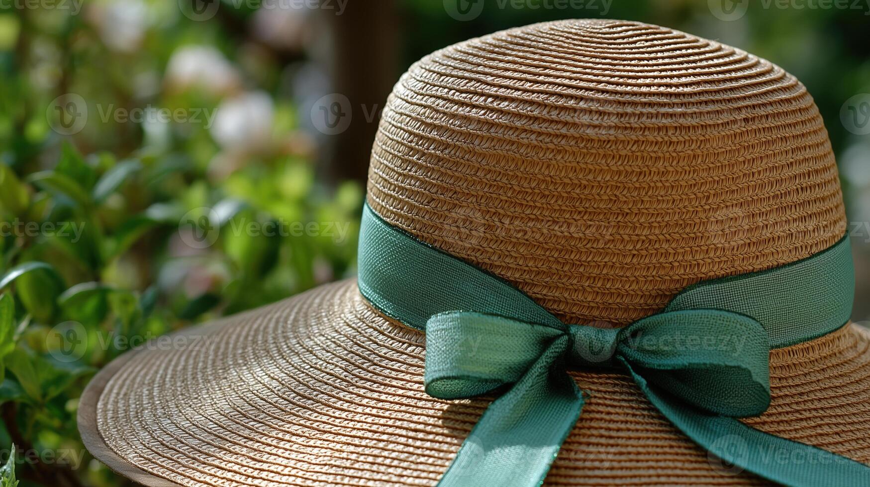 Straw hat with green ribbon bow garden background summer fashion accessory natural woven texture outdoor style sun protection handmade craft photo